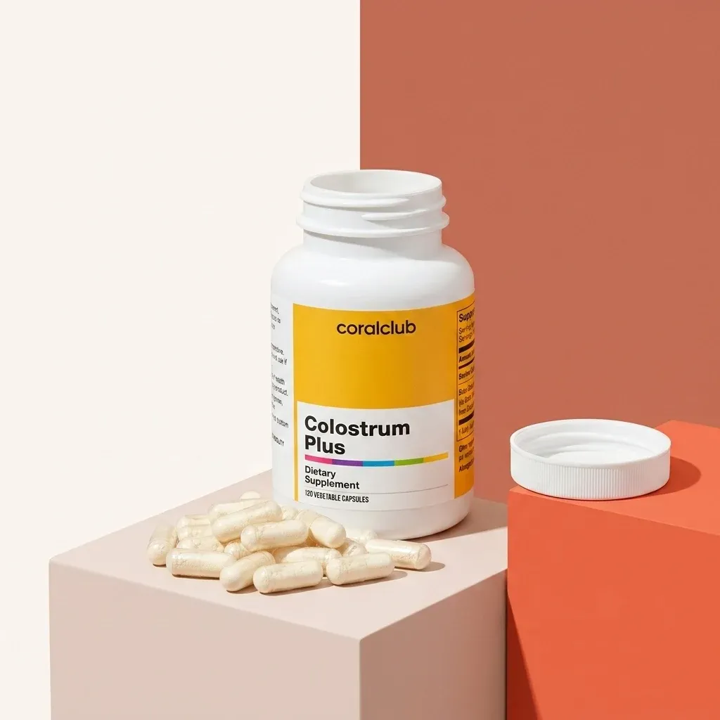Colostrum Plus dietary supplement bottle with capsules on a pastel background.