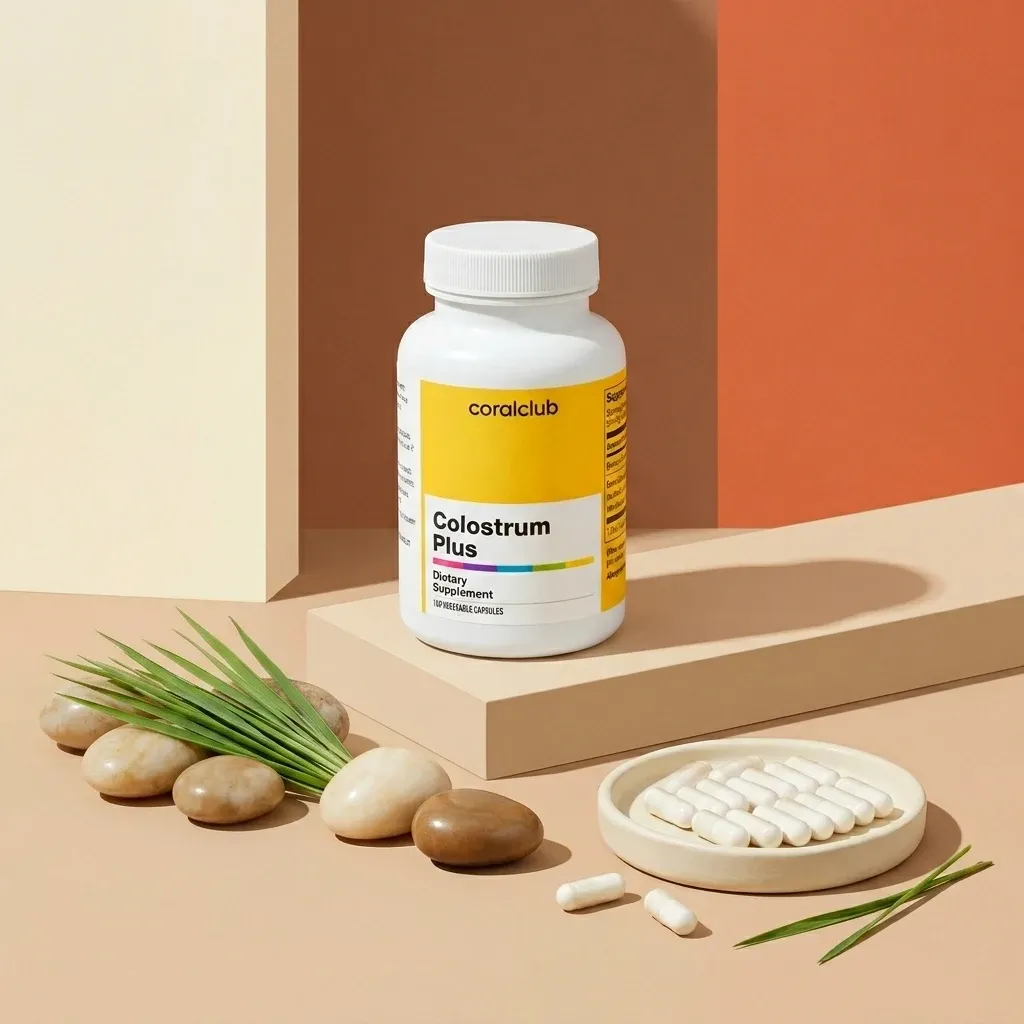 Colostrum Plus dietary supplement bottle with capsules and natural stones on a minimalist background.