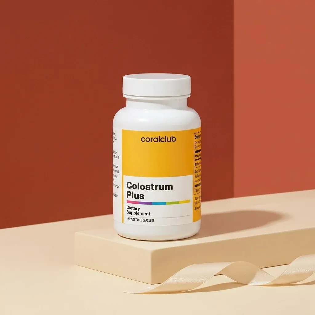 Colostrum Plus dietary supplement bottle on a beige surface with a warm-toned background.