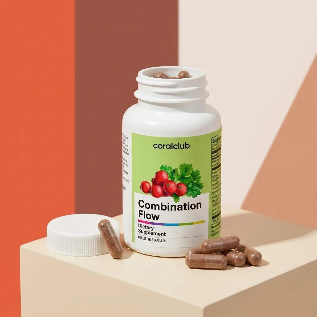Combination Flow dietary supplement bottle with capsules on a beige surface and colorful background.