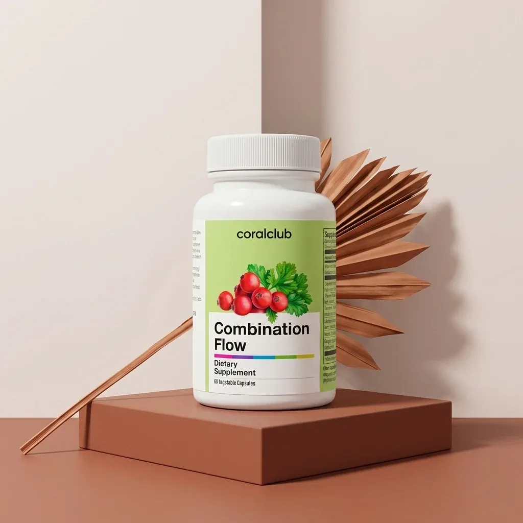 Combination Flow dietary supplement packshot with a white bottle and green label, surrounded by decorative elements.