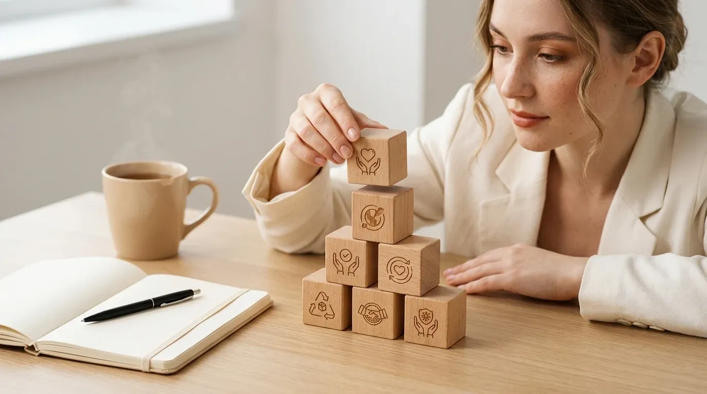 Junge Geschäftsfrau ordnet im Büro sieben Holzblöcke zur Pyramide und symbolisiert Mission und Werte von Coral Club