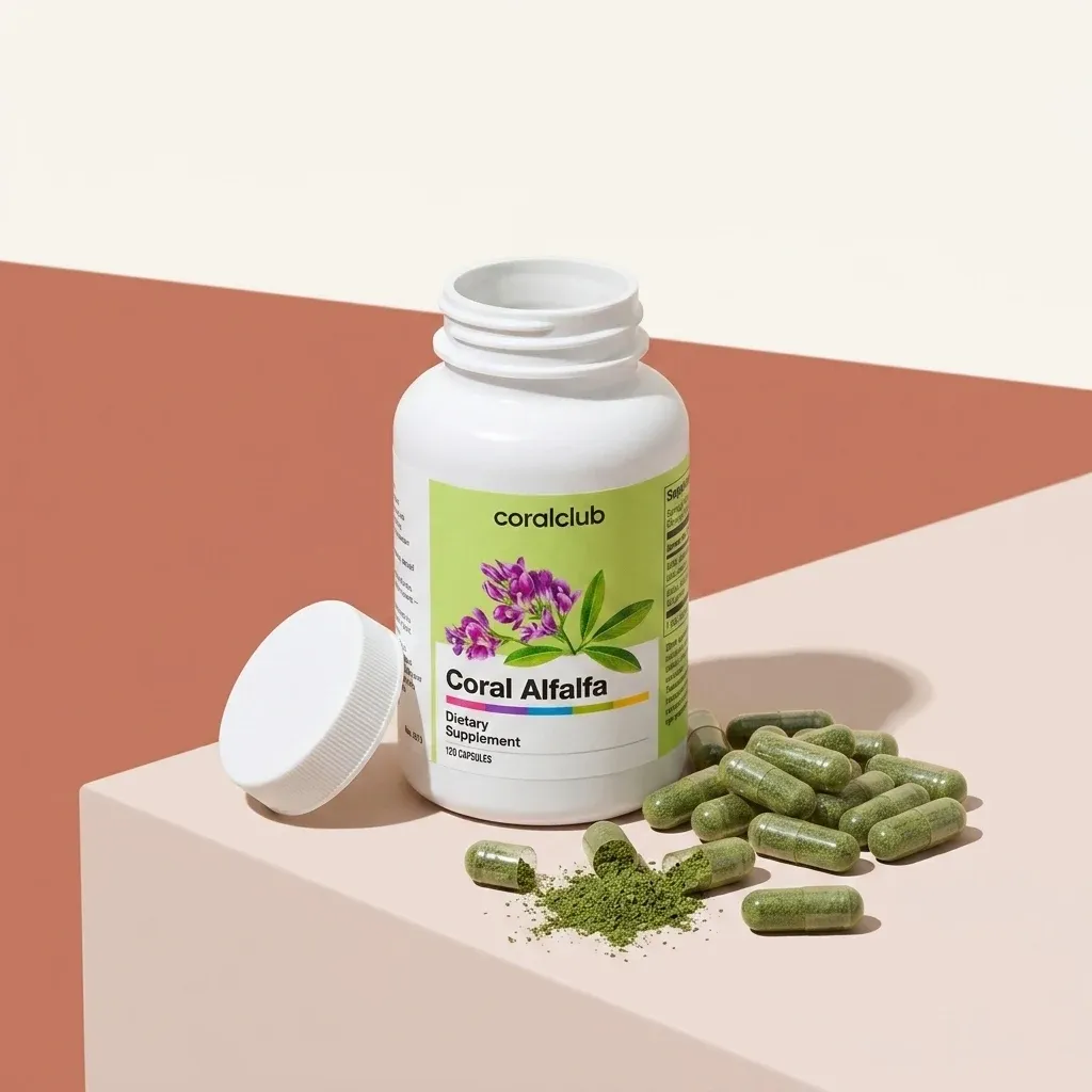 Coral Alfalfa dietary supplement bottle with capsules and powder on a pastel background.