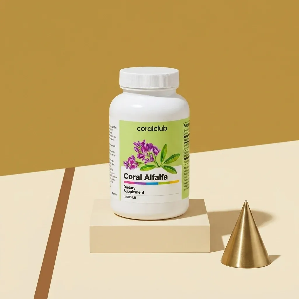Coral Alfalfa dietary supplement bottle on a minimalist background with a geometric gold accent.