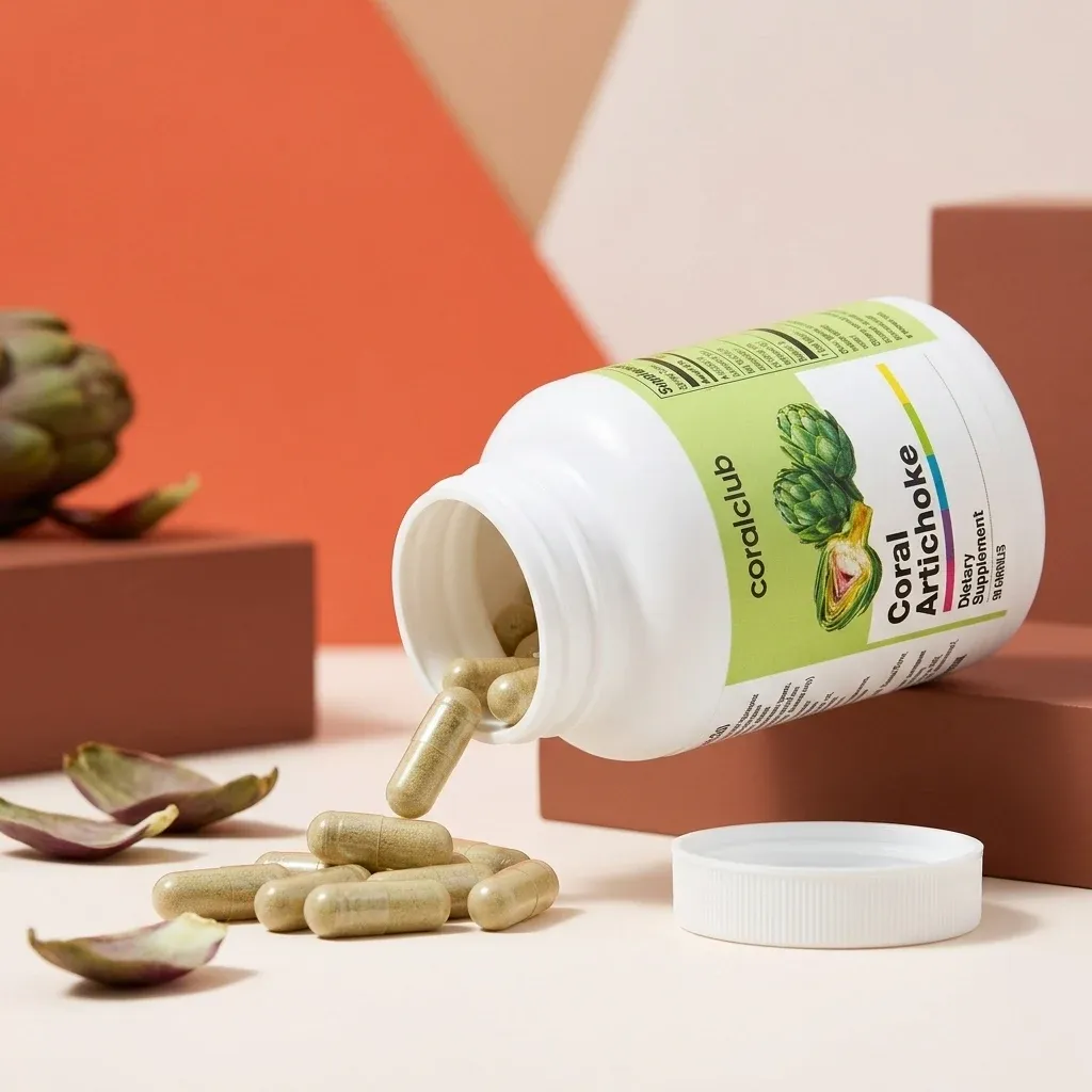 Coral Artichoke dietary supplement bottle with capsules spilling out on a minimalist background.