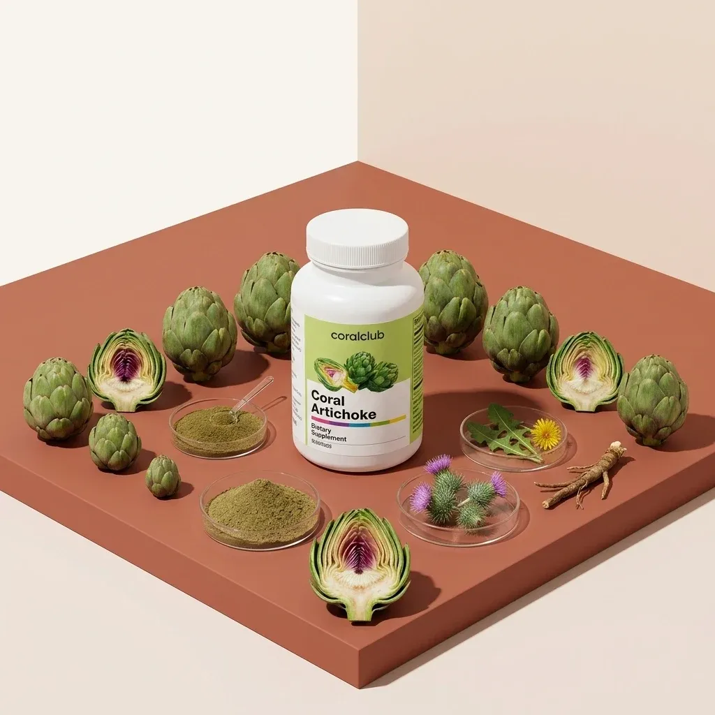 Coral Artichoke supplement with whole artichokes and powdered ingredient on a display surface.