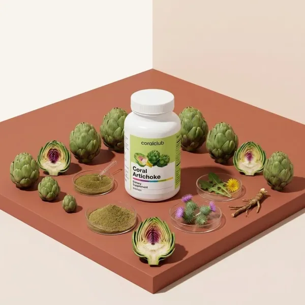 Coral Artichoke supplement with whole artichokes and powdered ingredient on a display surface.