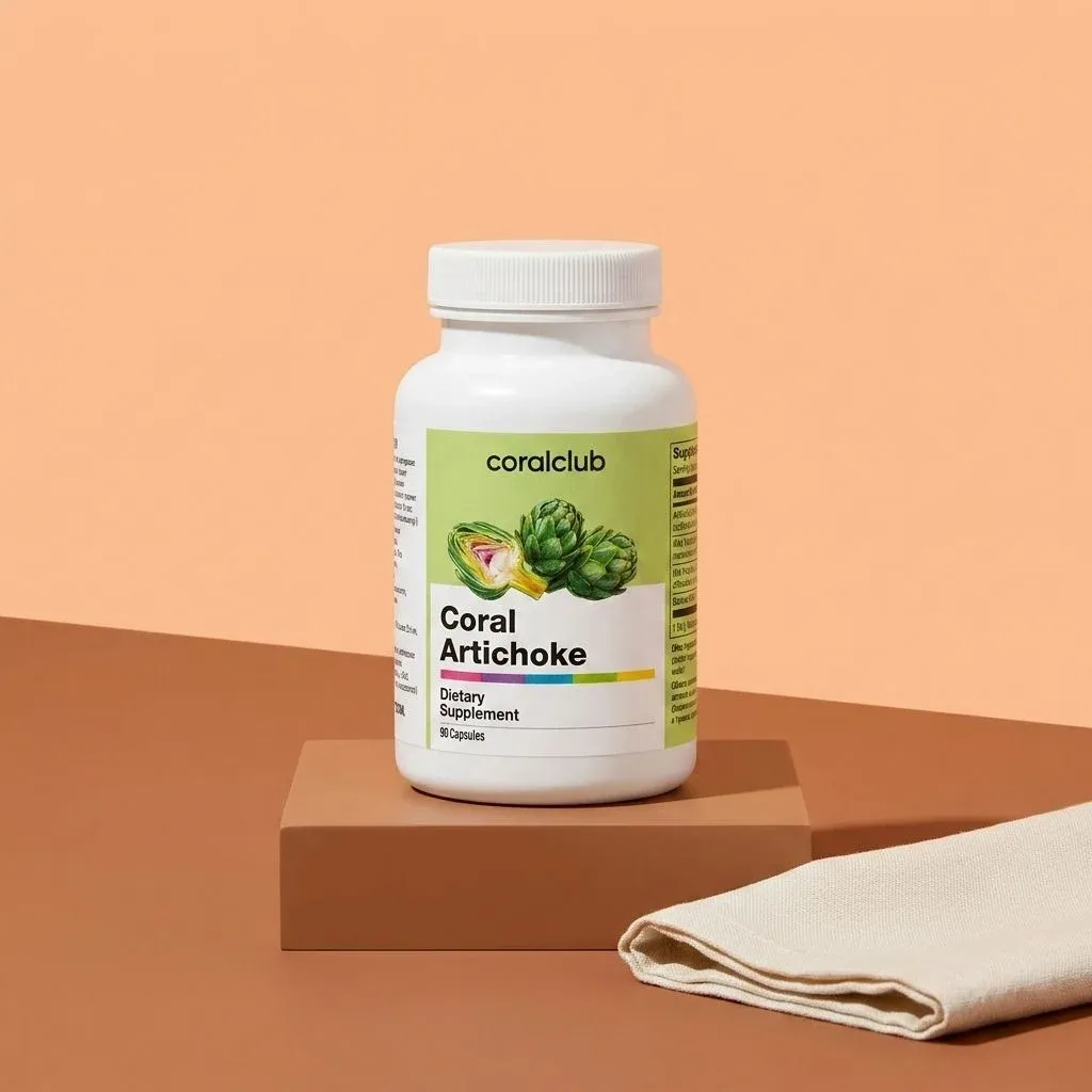 Coral Artichoke dietary supplement packshot on a minimalist background.