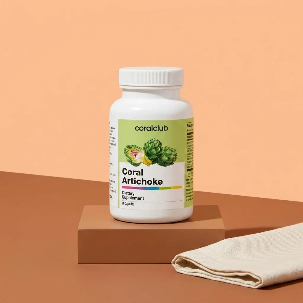 Coral Artichoke dietary supplement packshot on a minimalist background.