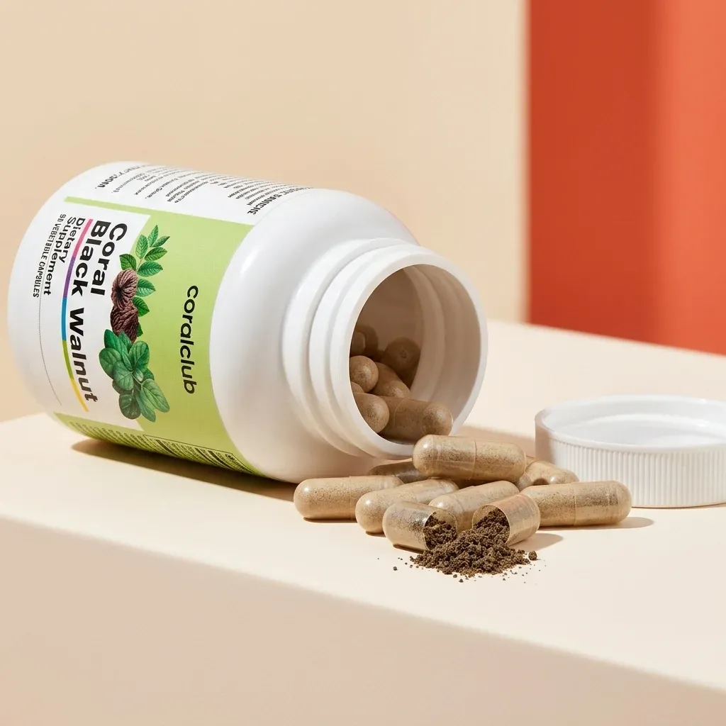 Coral Black Walnut supplement bottle with spilled capsules and powder detail.
