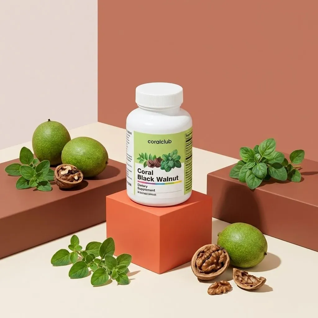 Coral Black Walnut dietary supplement bottle with green walnuts and walnuts on a minimalistic background.