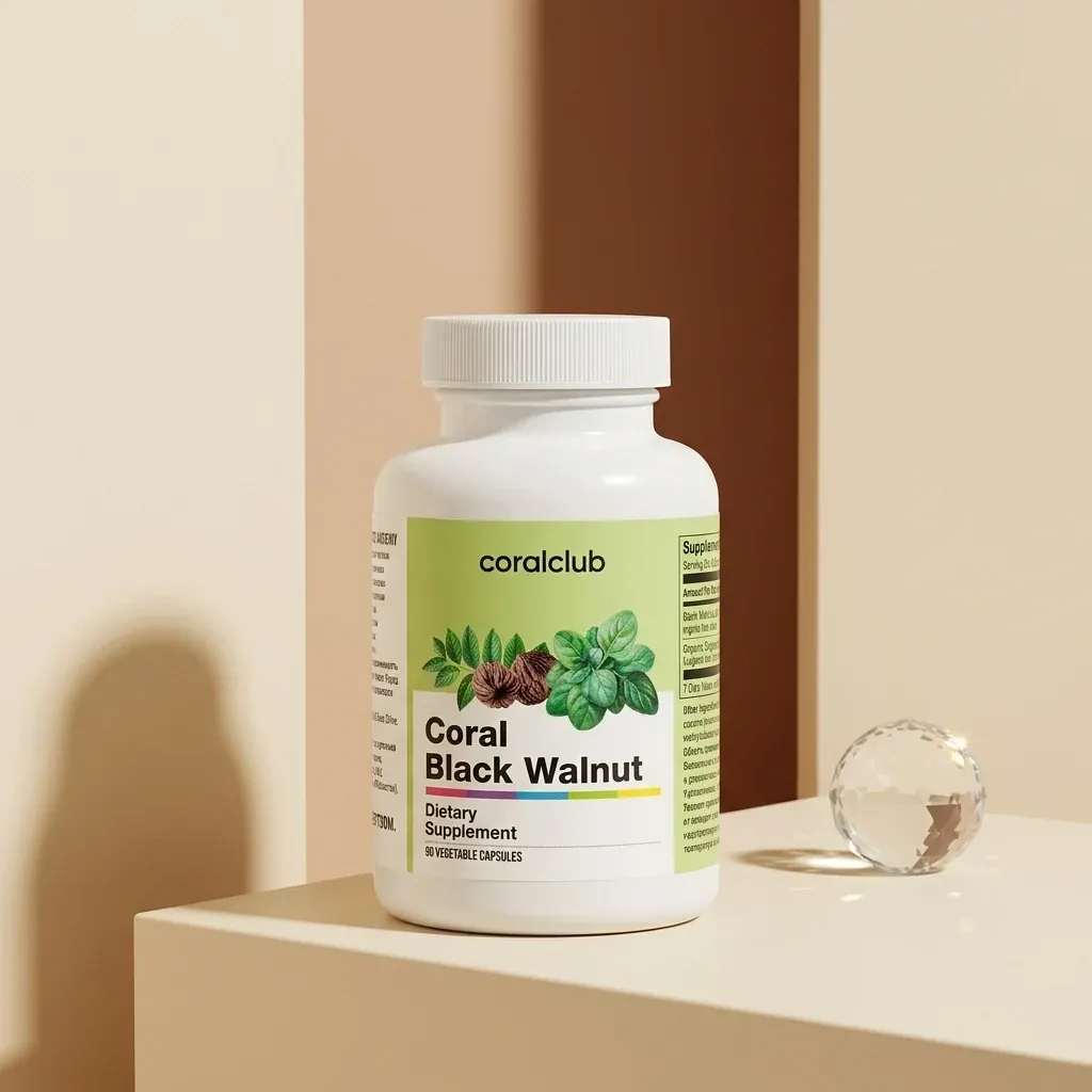 Coral Black Walnut dietary supplement packshot with green label and botanical illustrations.