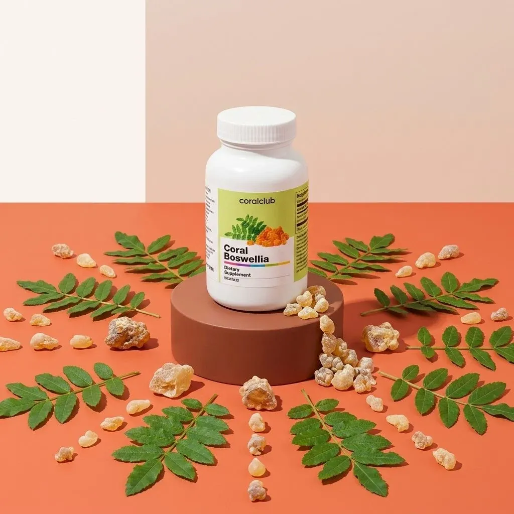 Coral Boswellia supplement bottle surrounded by Boswellia resin and green leaves on a colorful background.