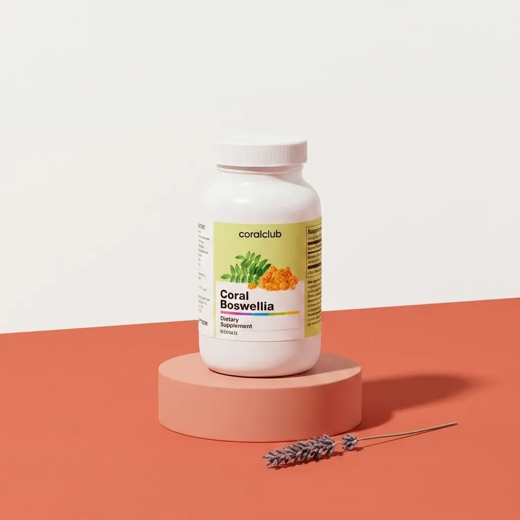 Coral Boswellia dietary supplement bottle on a pastel pedestal with a lavender sprig.
