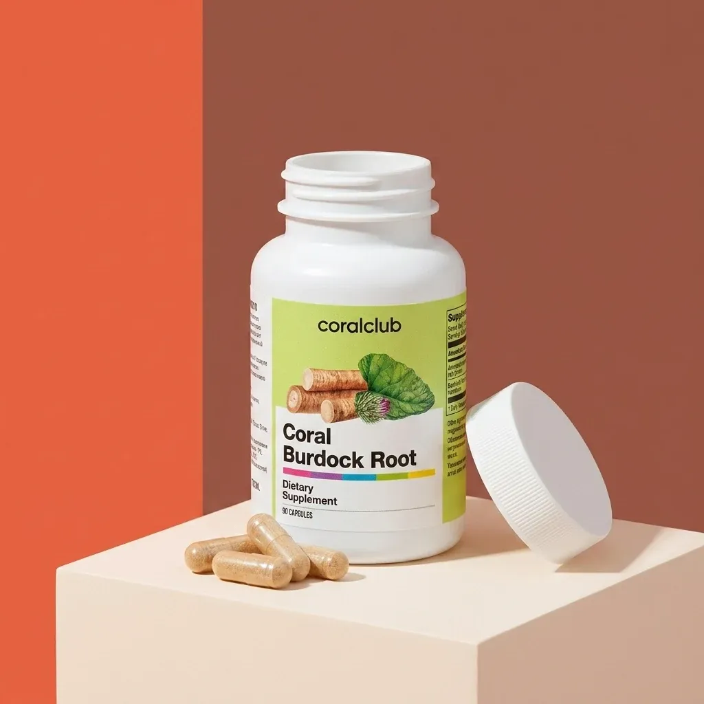 Coral Burdock Root dietary supplement bottle with capsules on a minimalist background.