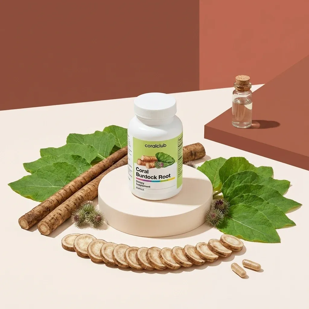 Coral Burdock Root bottle with sliced burdock root and green leaves on a minimalist background.
