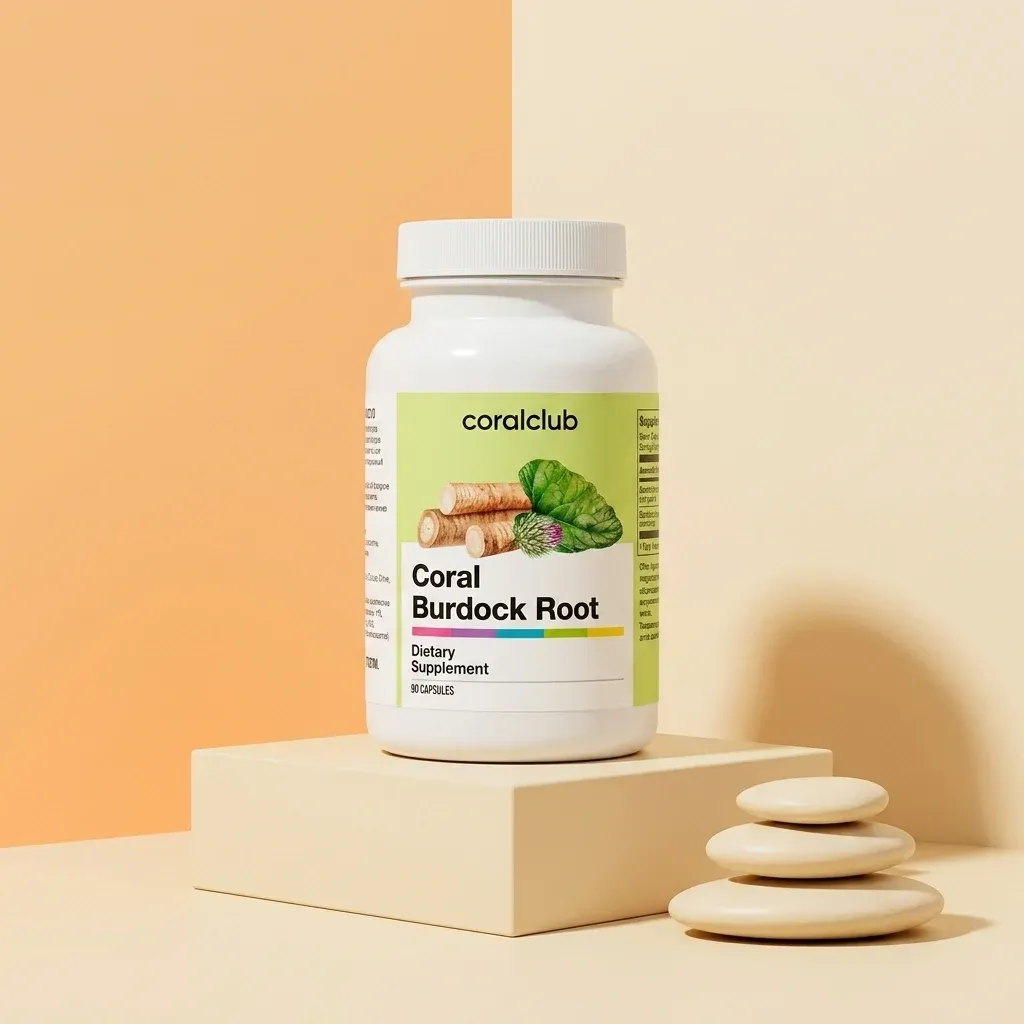 Coral Burdock Root dietary supplement packshot featuring a white bottle on a minimalist background.