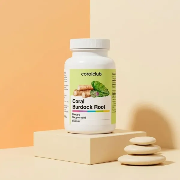 Coral Burdock Root dietary supplement packshot featuring a white bottle on a minimalist background.