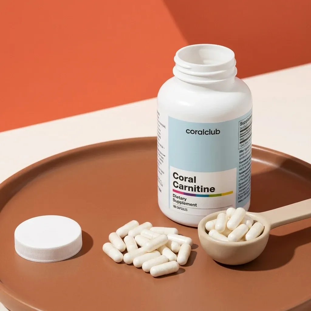 Coral Carnitine dietary supplement bottle with white capsules on a plate and scoop.