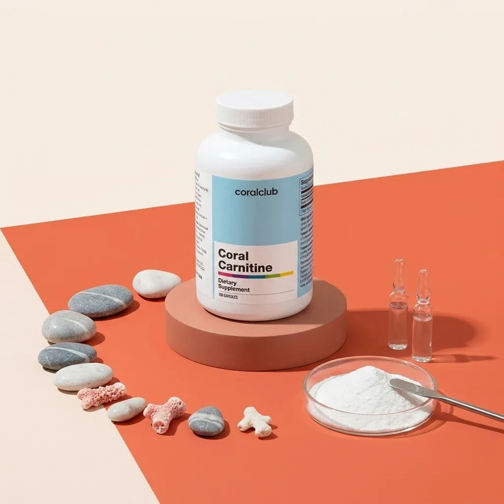 Coral Carnitine dietary supplement bottle with white powder and decorative stones.