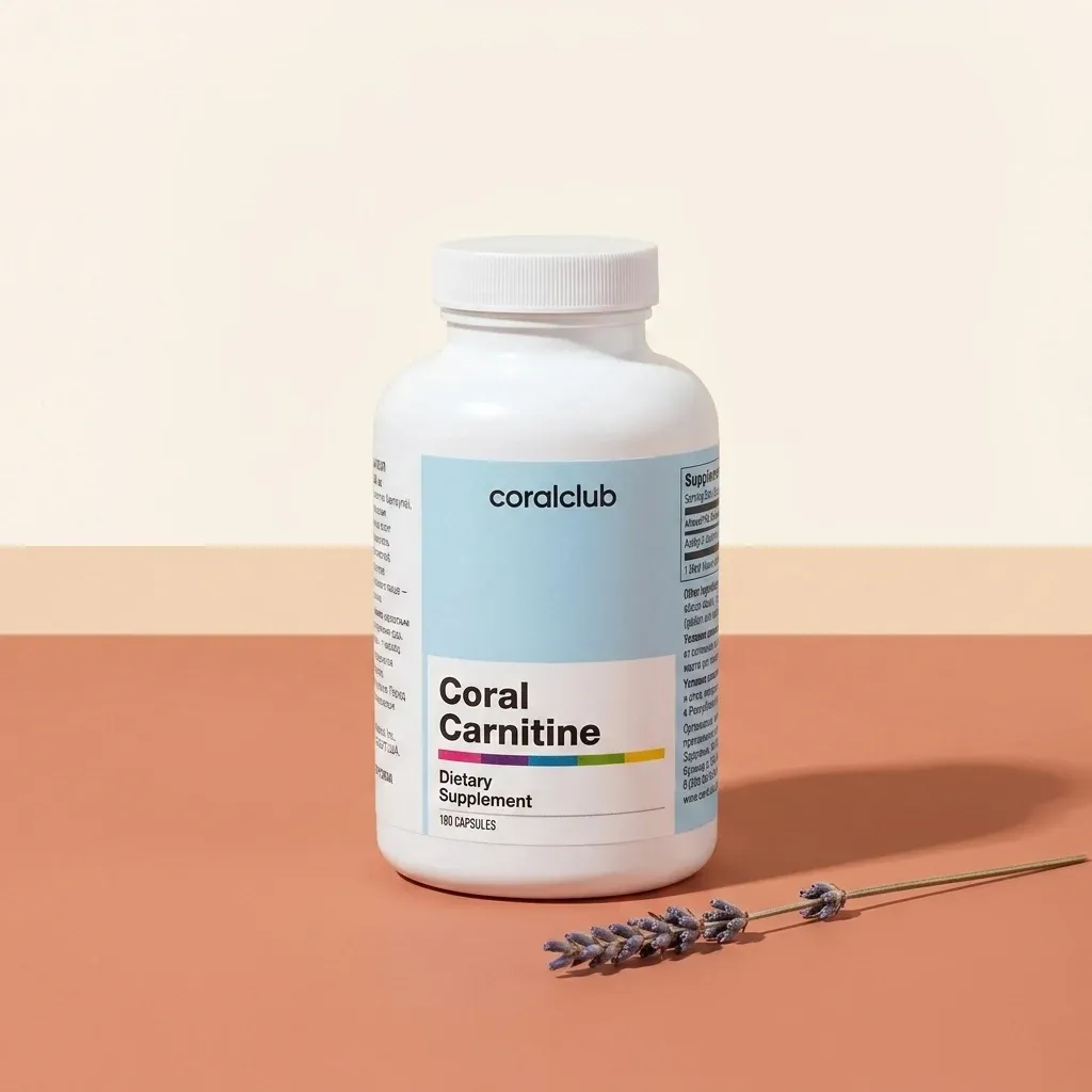 Coral Carnitine dietary supplement packshot with lavender sprig on a muted background.