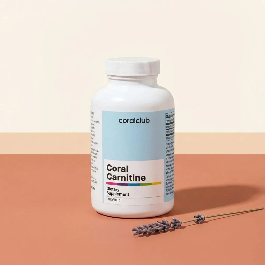 Coral Carnitine dietary supplement packshot with lavender sprig on a muted background.