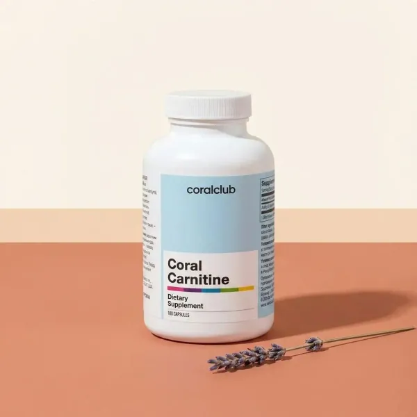 Coral Carnitine dietary supplement packshot with lavender sprig on a muted background.