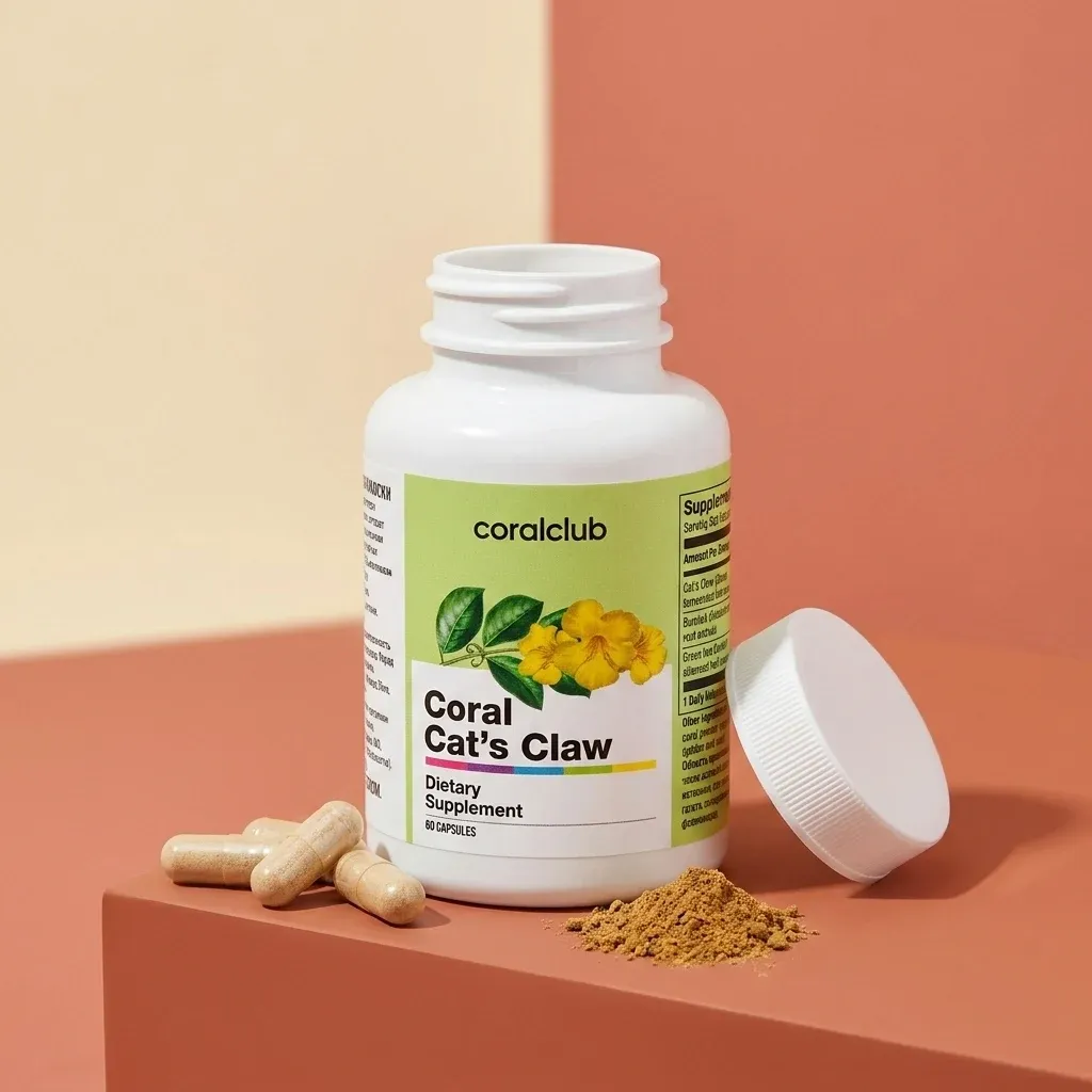 Coral Cat's Claw dietary supplement bottle with capsules and powdered herb detail.