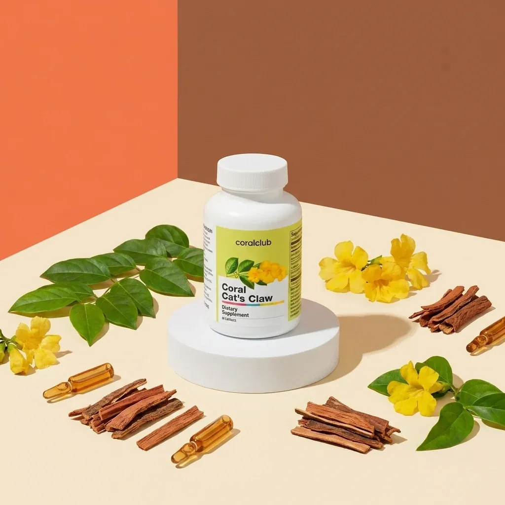 Coral Cat's Claw dietary supplement bottle with yellow flowers and herbal sticks on a geometric background.