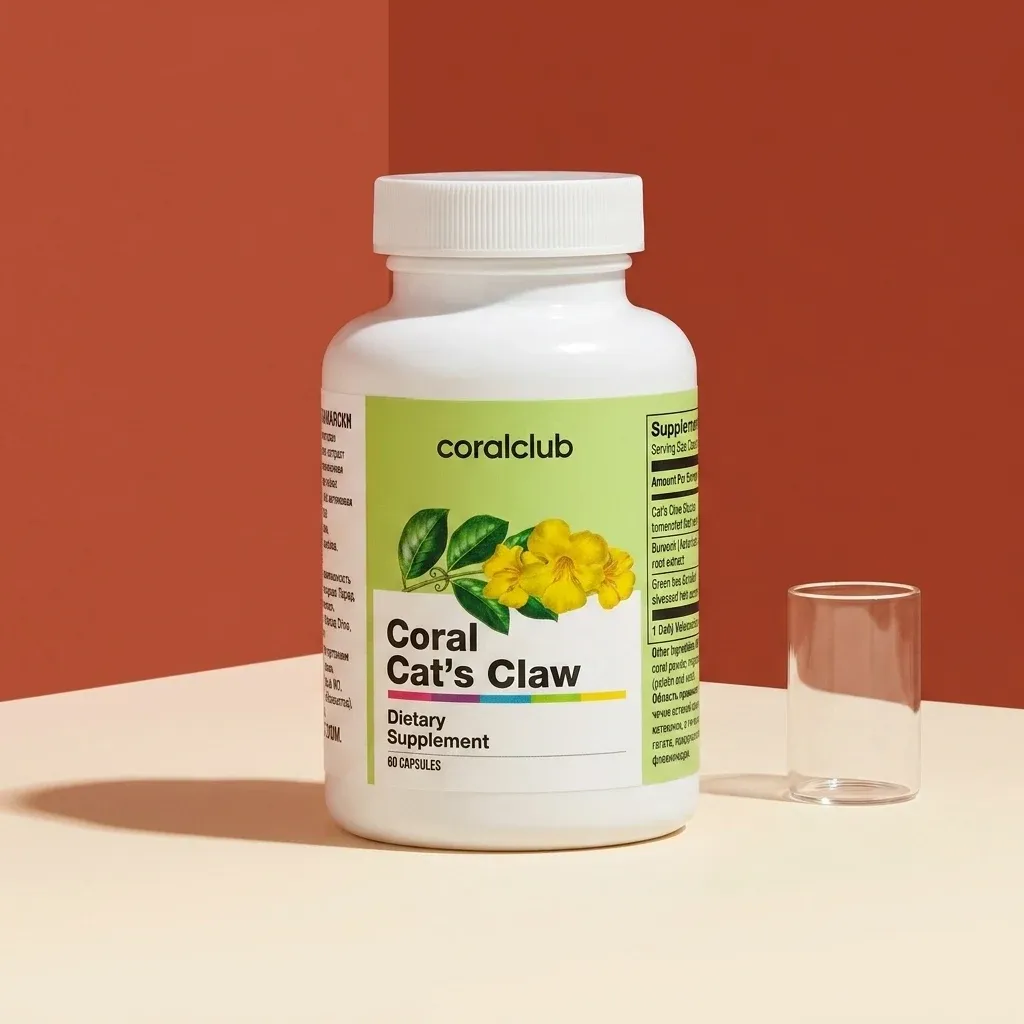 Coral Cat's Claw dietary supplement bottle with yellow flower illustration on a beige surface.