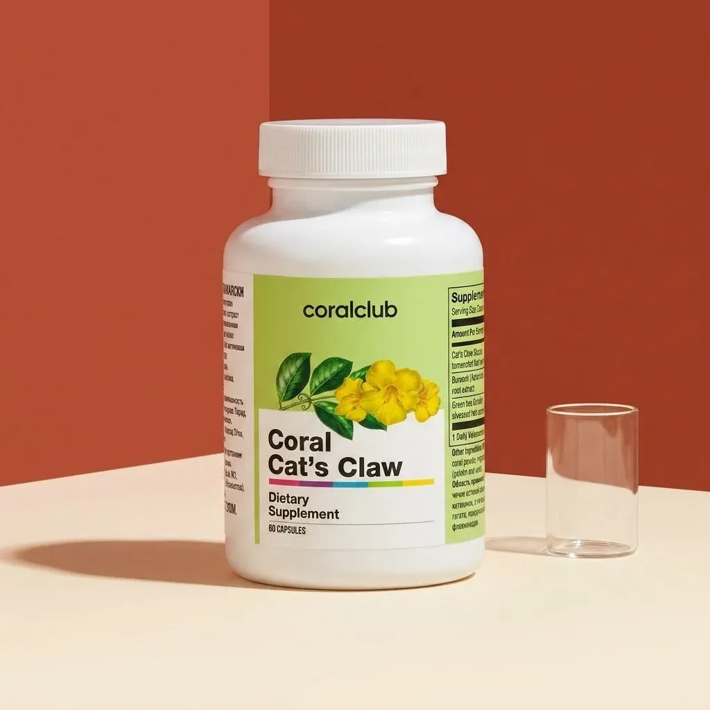 Coral Cat's Claw dietary supplement bottle with yellow flower illustration on a beige surface.