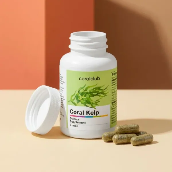 Coral Kelp dietary supplement bottle with capsules on a beige background.