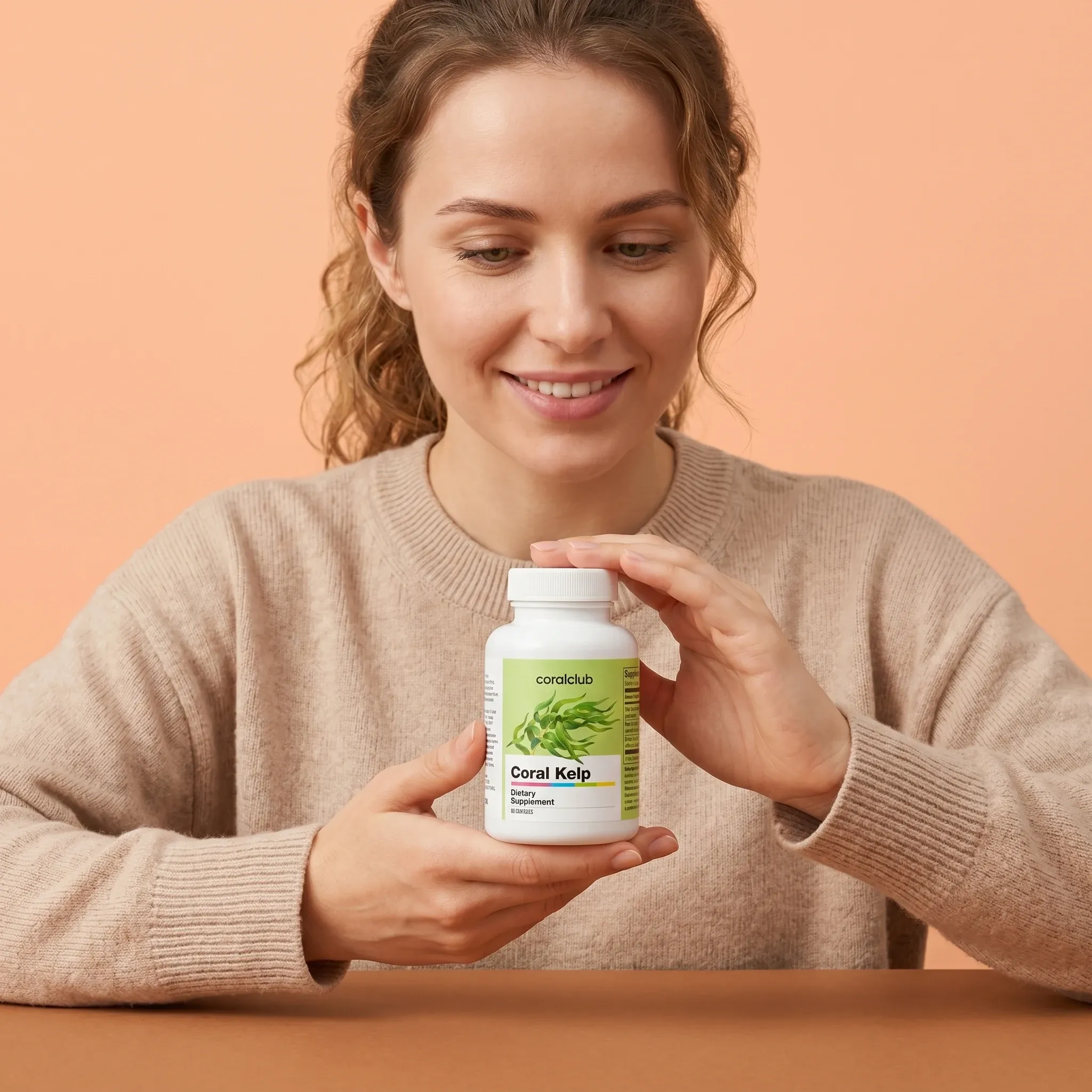 Woman holding Coral Kelp supplement bottle, smiling against a peach background.