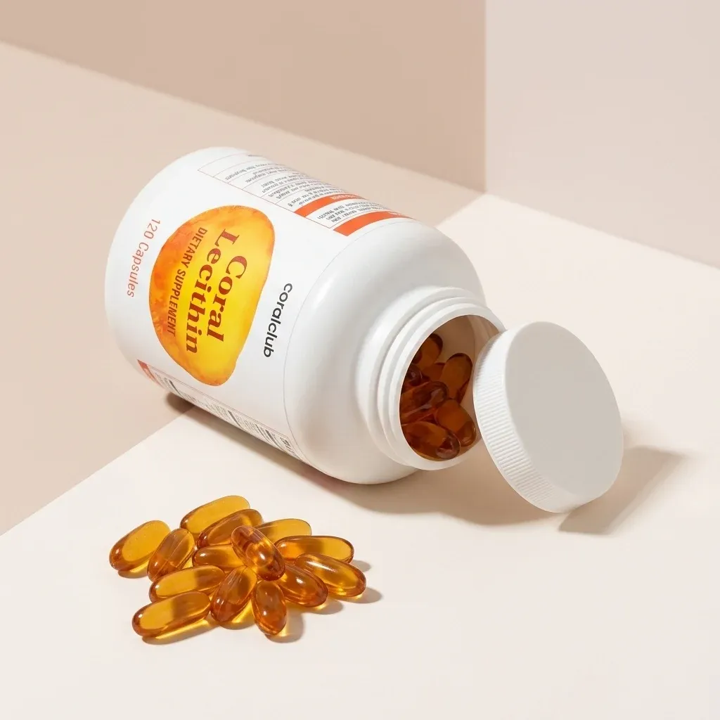 Coral Lecithin detail shot with softgel capsules spilling from an open bottle.