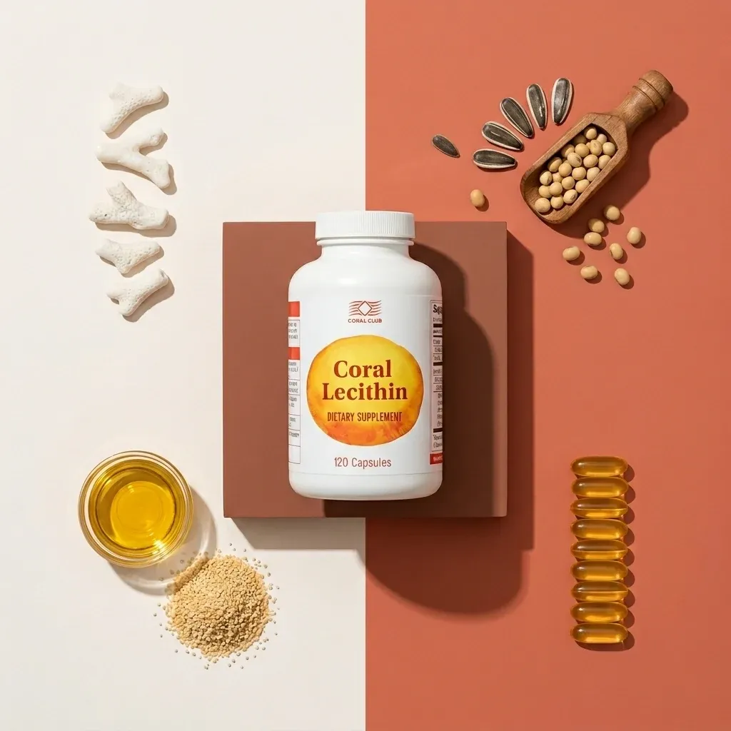 Coral Lecithin dietary supplement bottle with capsules and various natural ingredients.