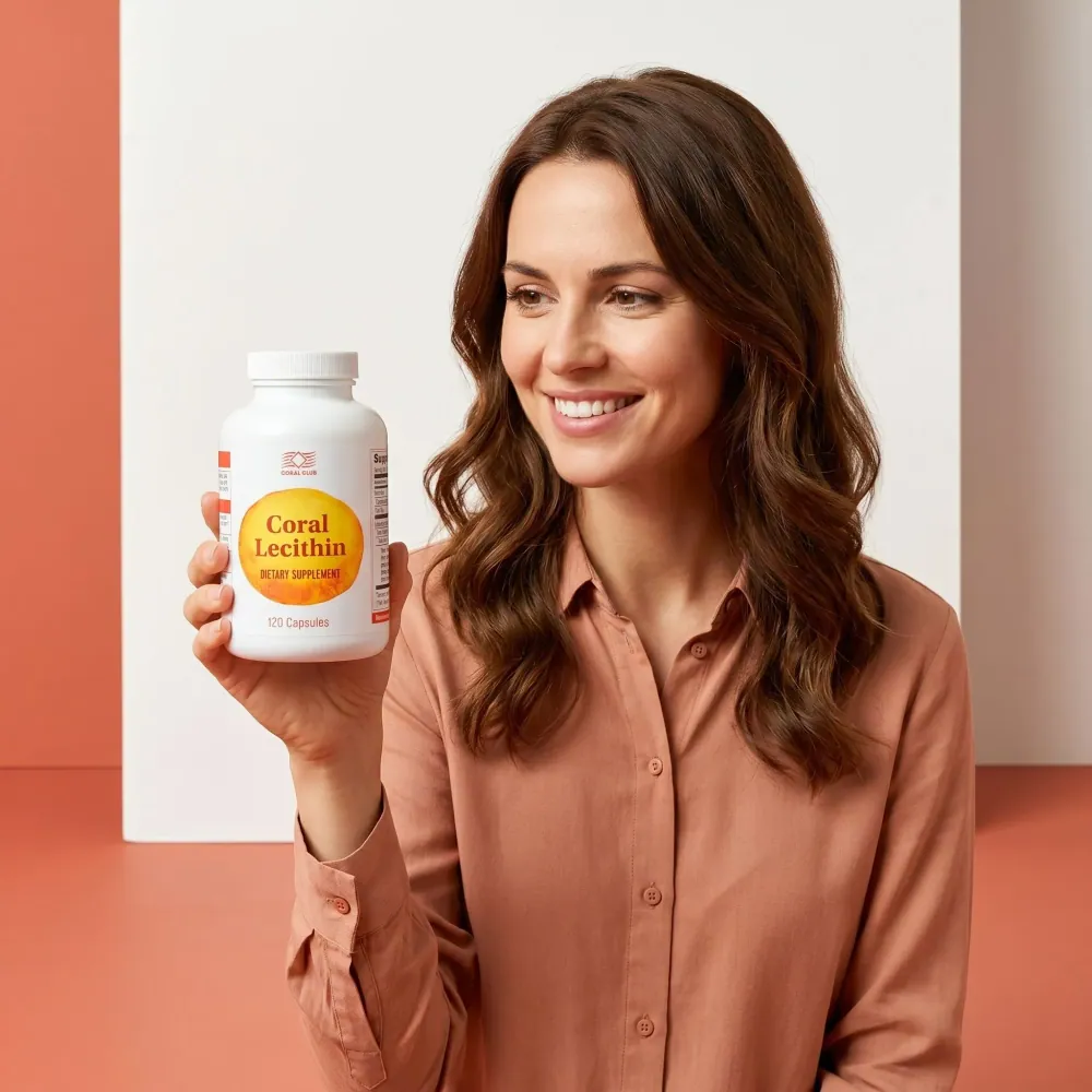 Woman holding a bottle of Coral Lecithin dietary supplement in a lifestyle setting.