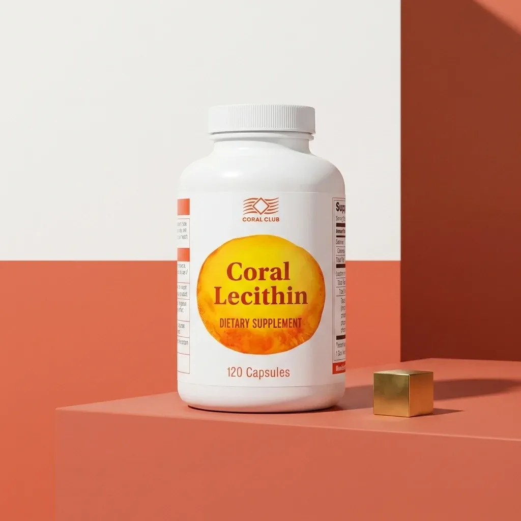 Coral Lecithin dietary supplement packshot with 120 capsules on a minimalist background.