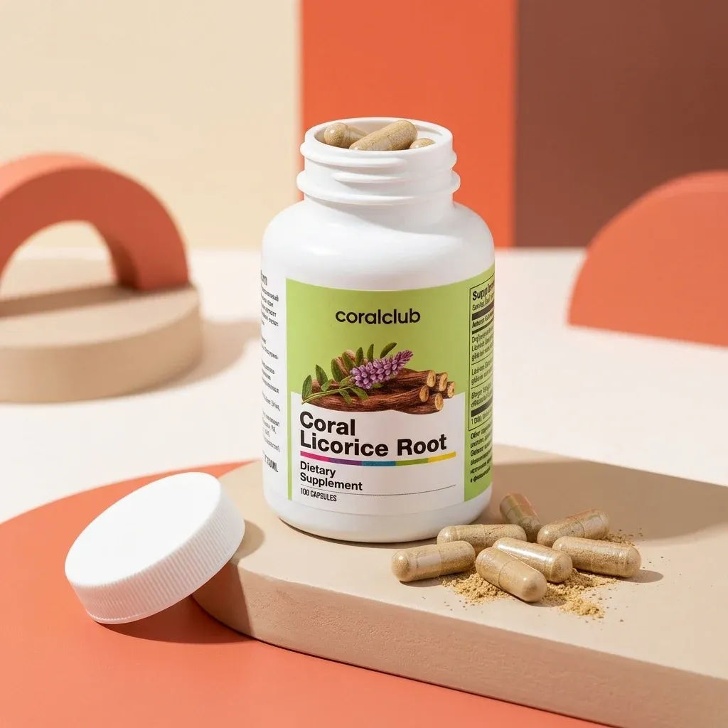 Coral Licorice Root dietary supplement bottle with capsules and powder detail on a minimalistic background.