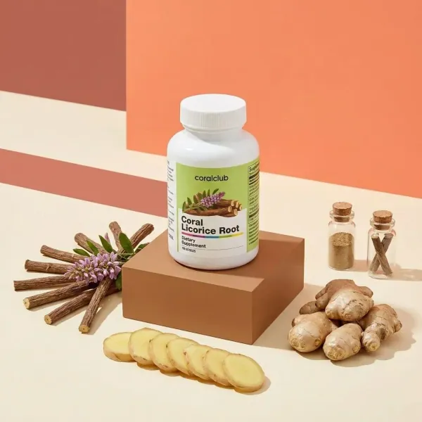 Coral Licorice Root ingredient with roots and ginger slices on a minimalist backdrop.