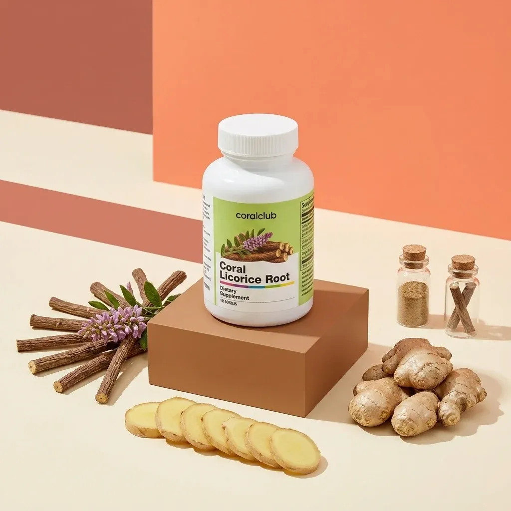 Coral Licorice Root ingredient with roots and ginger slices on a minimalist backdrop.