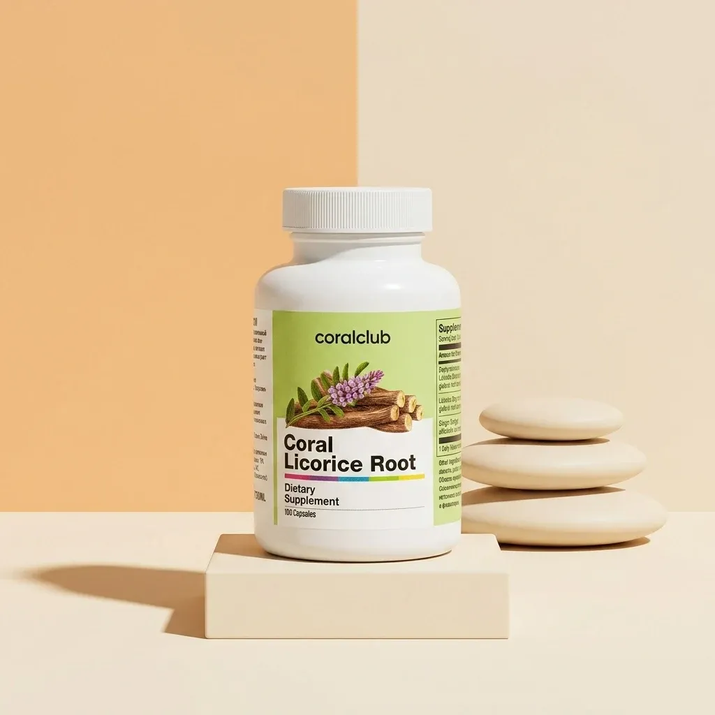 Coral Licorice Root dietary supplement bottle on a neutral background with stones.