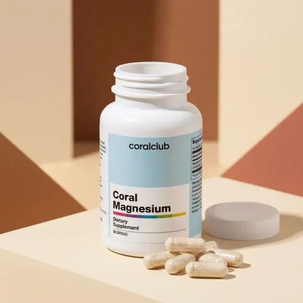 Coral Magnesium dietary supplement bottle with capsules on a geometric background.