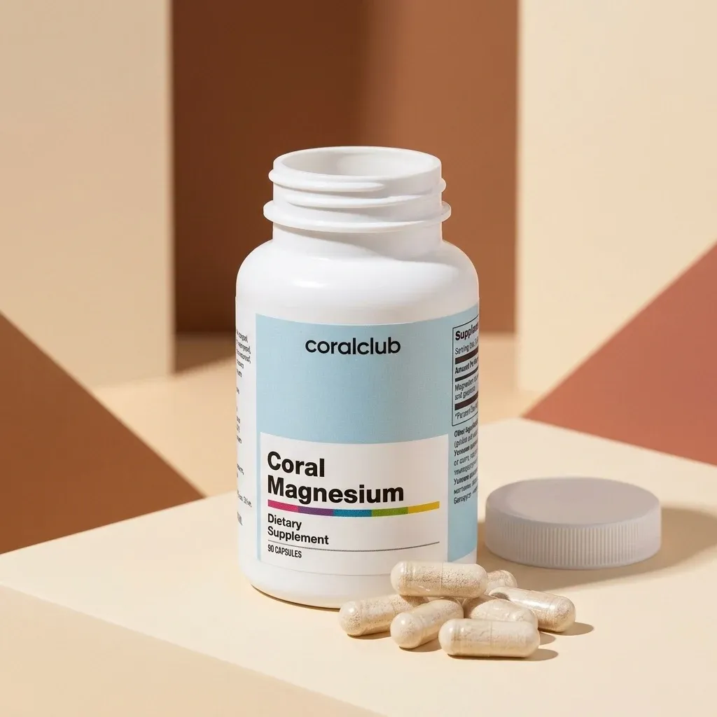 Coral Magnesium dietary supplement bottle with capsules on a geometric background.