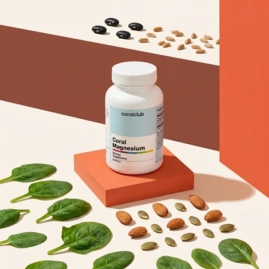 Coral Magnesium supplement bottle with almonds, seeds, and spinach leaves as ingredients.