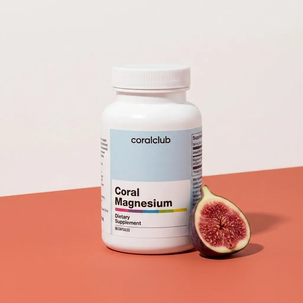 Coral Magnesium dietary supplement packshot with a fig on a coral background.