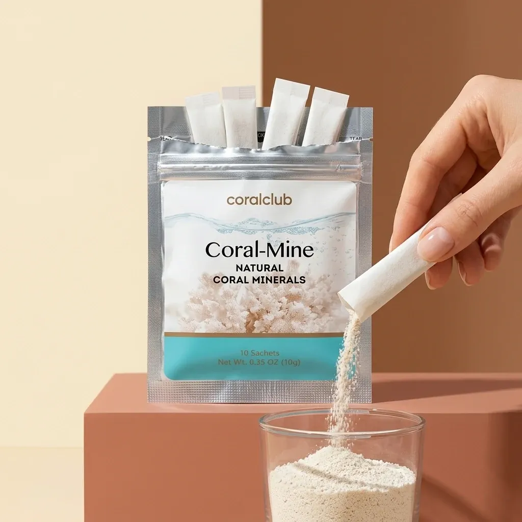 Coral-Mine natural coral minerals detail with sachets being poured into a glass.