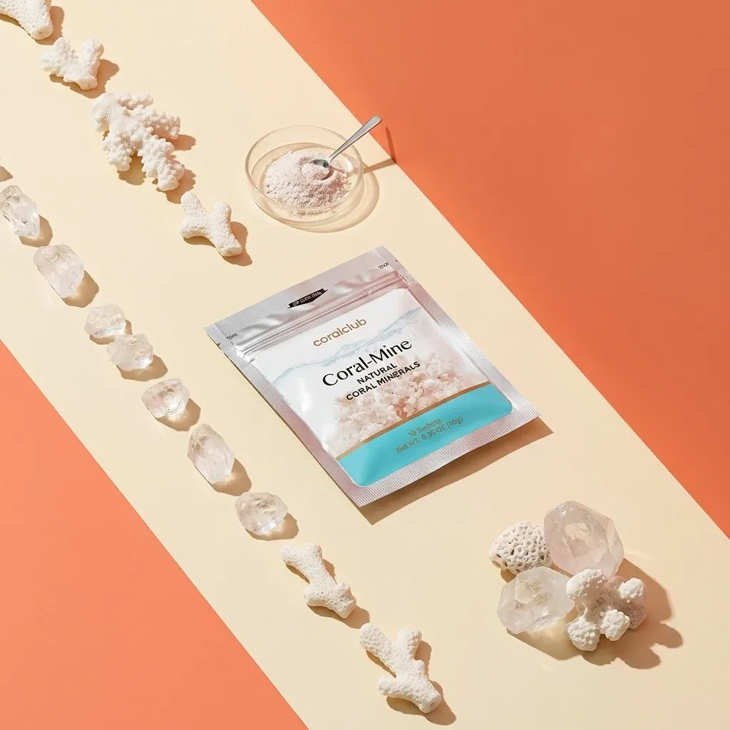 Coral-Mine ingredient pack with coral pieces and a spoon on a colorful background.