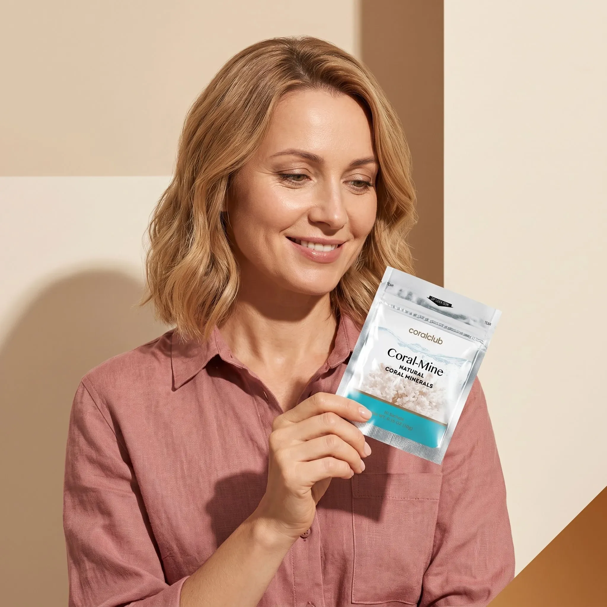 Woman holding Coral-Mine supplement pouch in a modern lifestyle setting.