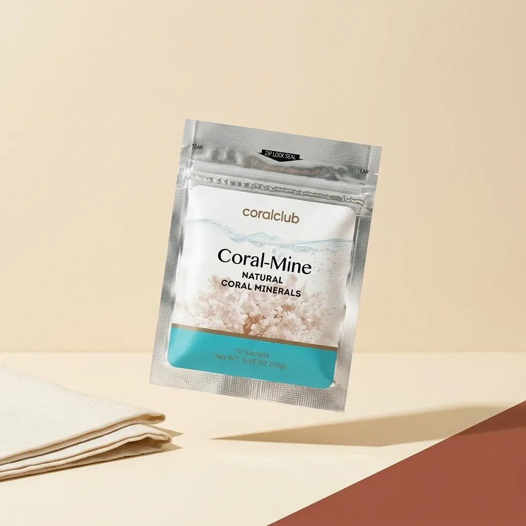 Coral-Mine packshot featuring natural coral minerals in a sachet on a neutral background.