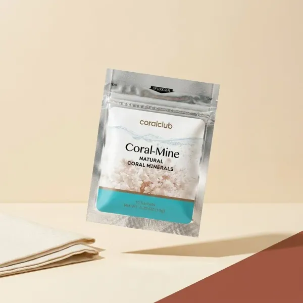 Coral Mine packshot featuring natural coral minerals in a sachet on a neutral background.